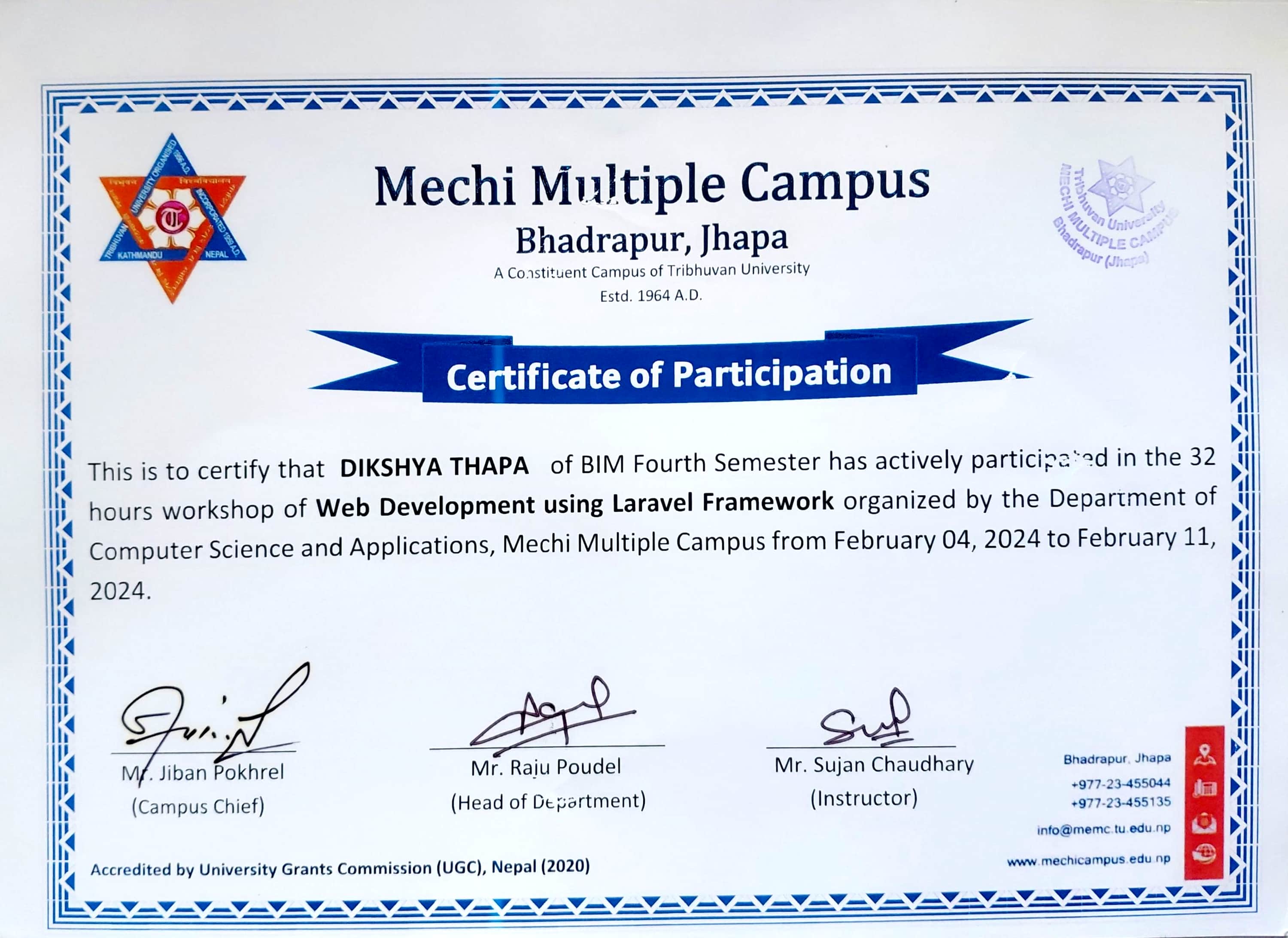 Web Development using Laravel Framework Certificate - Mechi Multiple Campus